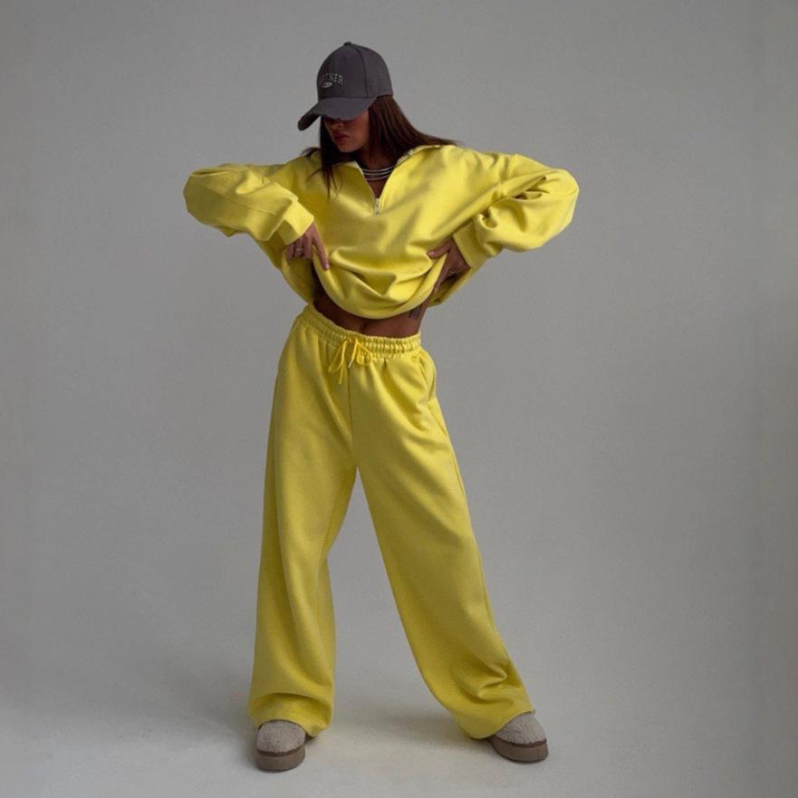 Damen Leuchtgelbes Kapuzenpullover und Jogginghosen Set mit Kordelzug Lässiger Streetwear Zweiteiler