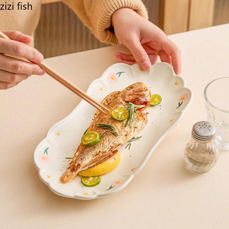 Creative Peony Pattern Ceramic Fish Plate Restaurant Dessert Plate Sushi Sashimi Plates Molecular Cuisine Specialty Tableware