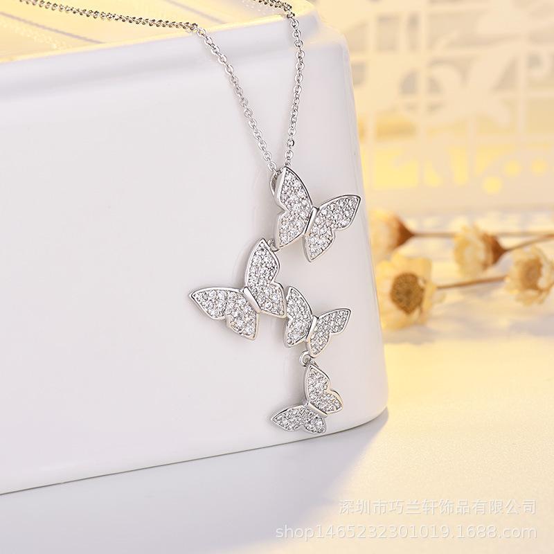 Women's Trendy New Style Four Full Diamond Butterfly Clavicle Chain Simple Pendant Jewelry