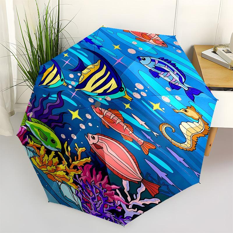 1pc Sea Life oceanicOpen/Close Umbrella-Windproof, Compact Travel Umbrella, Sturdy 8-Rib Shaft, Outdoor Accessory, 1043