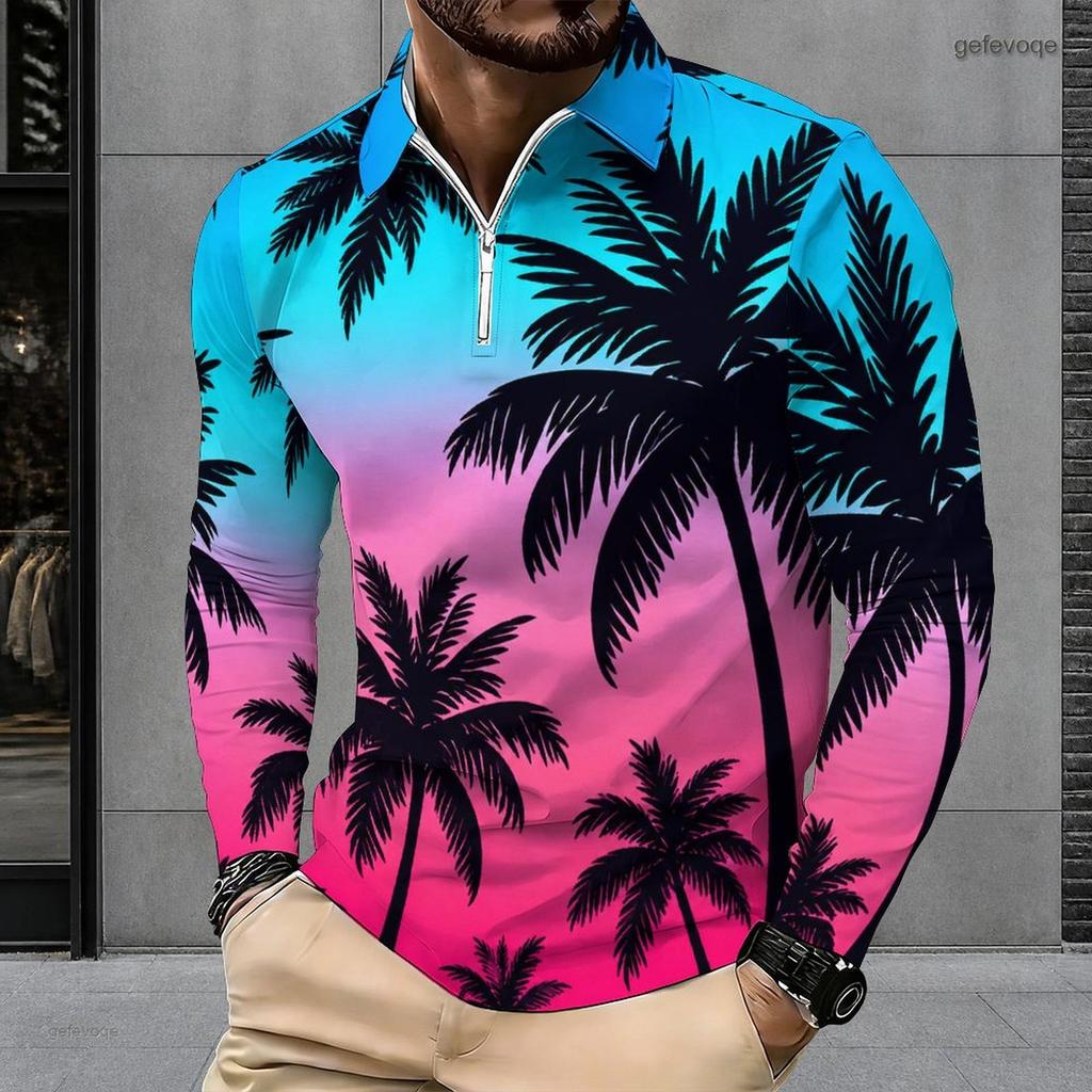 Men s Plus Size Long Sleeve Quarter Zip Collared Polo Shirt Striped Palm Tree Print Beige Navy Blue