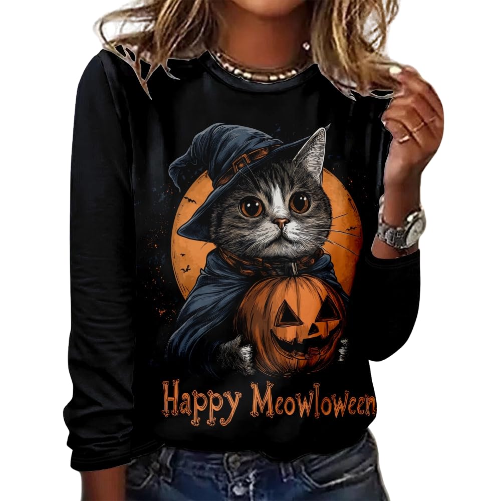 Women's Halloween 3D Printed Pumpkin Face Bat Long Sleeve Shirt Autumn Loose Casual Polyester Round Neck Fashion Casual Top