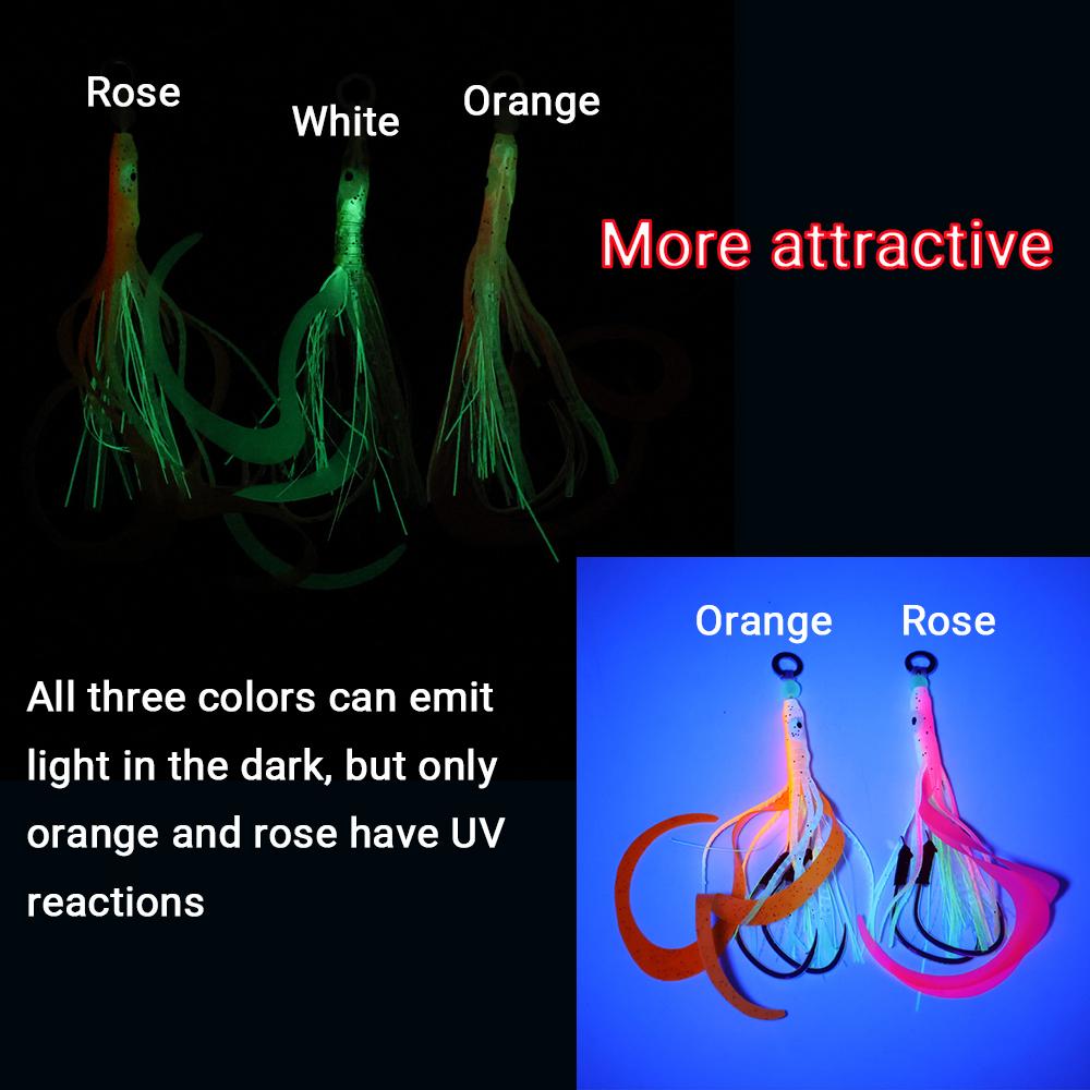 3 buc. Fuste moi calmar care luminează în întuneric, nălucă cu 2 cârlige asist pentru jigging cu prezentare lentă, momeală pentru trolling pescuit în apă sărată (Trandafir Portocaliu Alb)