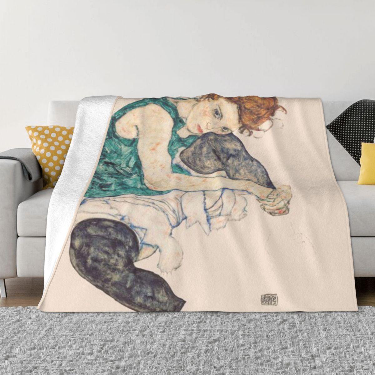 HD Seated Woman With Legs Drawn Up By Egon Schiele - HIGH DEFINITION Custom Travel An Ultra-Soft Micro Fleece Blanket 50x60in