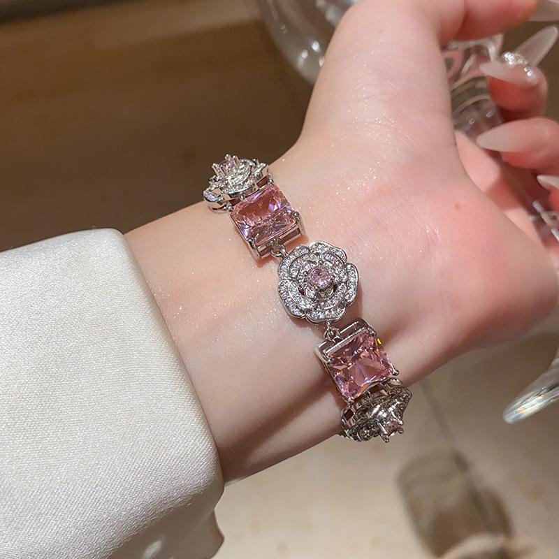 Flower Cluster Princess Pink Rose Small Sugar Cube Zircon Ring Earrings Necklace Set Light Luxury High-end Jewelry