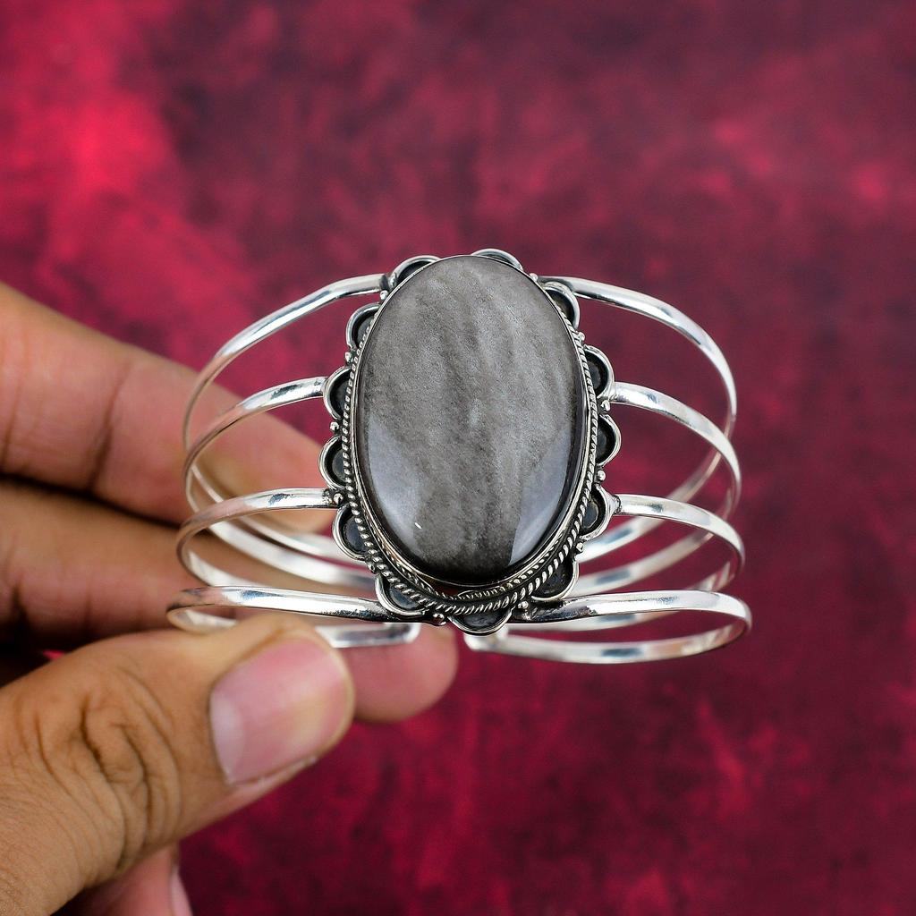 Silver Sheen Obsidian Handmade Gemstone Jewelry, 925 Solid Sterling Silver Bangle Unique Design Jewelry, For Women