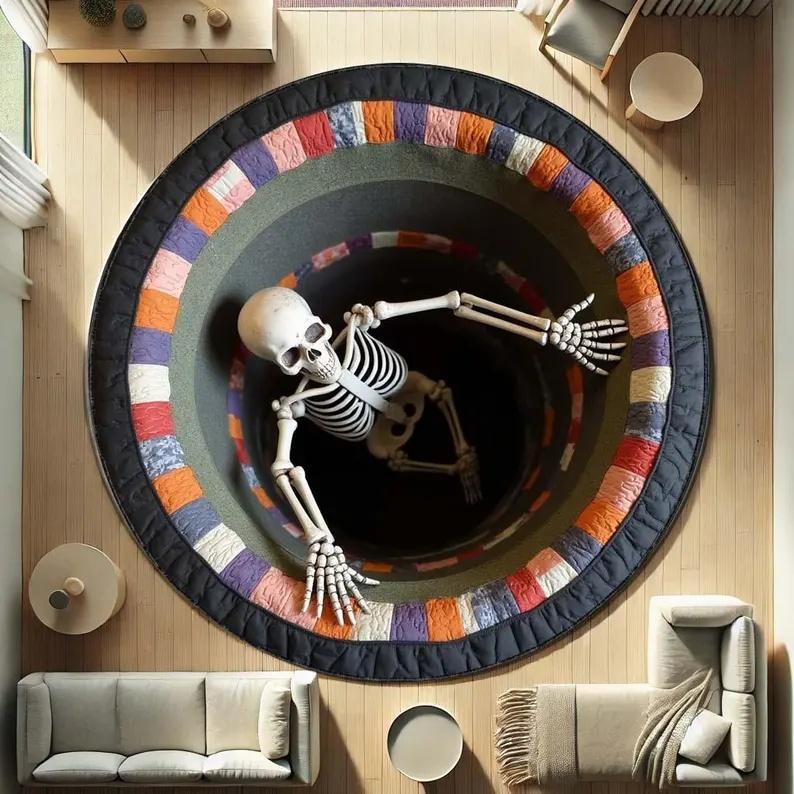 

Skeleton Illusion Round Rug Spooky Optical Floor Carpet Fun Gothic Home Decor Gift for Living Room Horror Door Mat Rug 60cmx60cm
