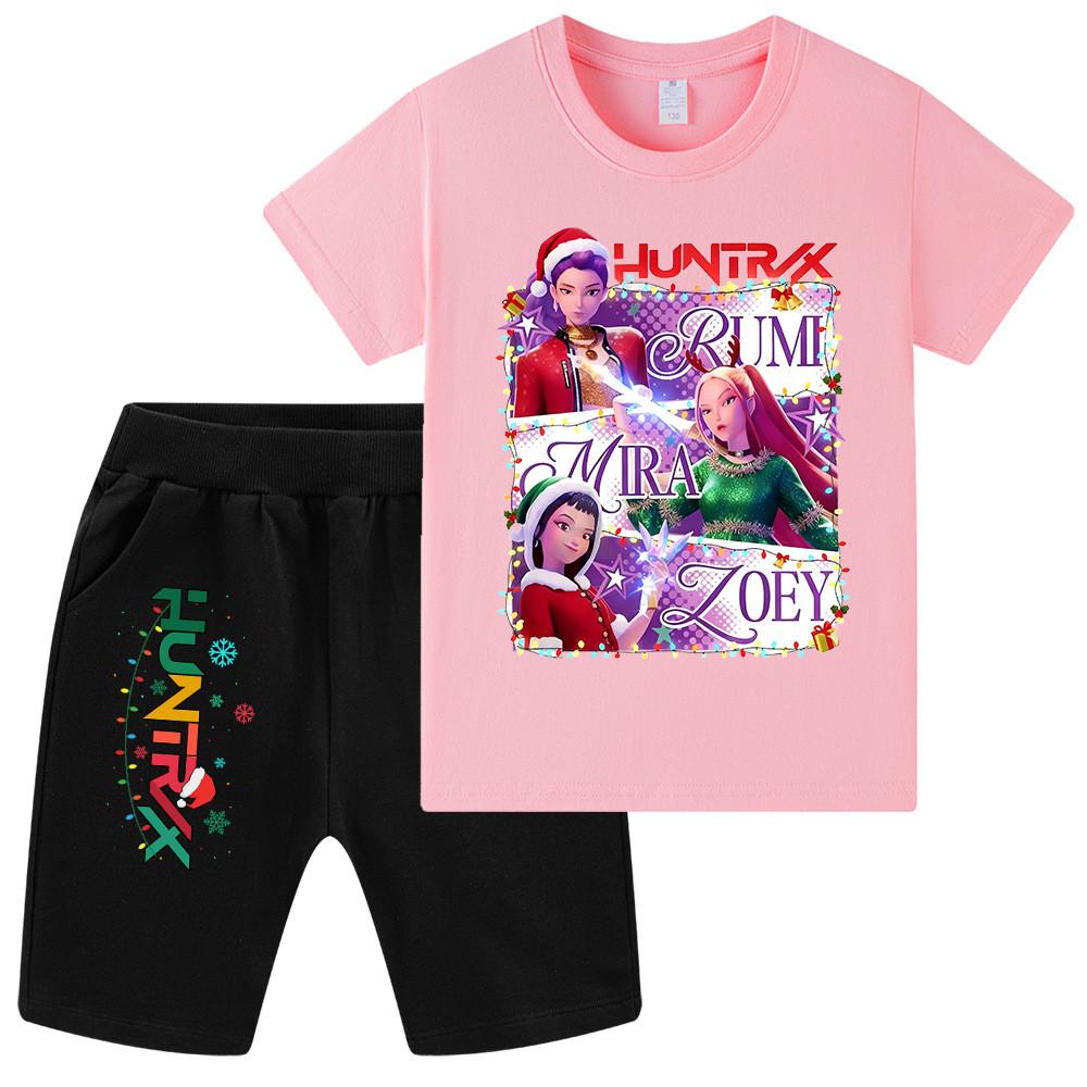 WA1265 Kids Boys Girls Kpop Rumi Zoey Mira Christmas Print Short Sleeves T-shirt Shorts Pants Sets