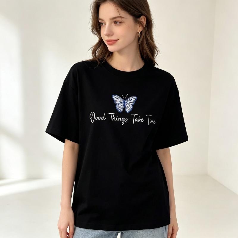 Soft Cotton Minimalist Tshirt Good Things Take Time Slogan Butterfly Graphic Round Neck Daily Short Sleeve Tee