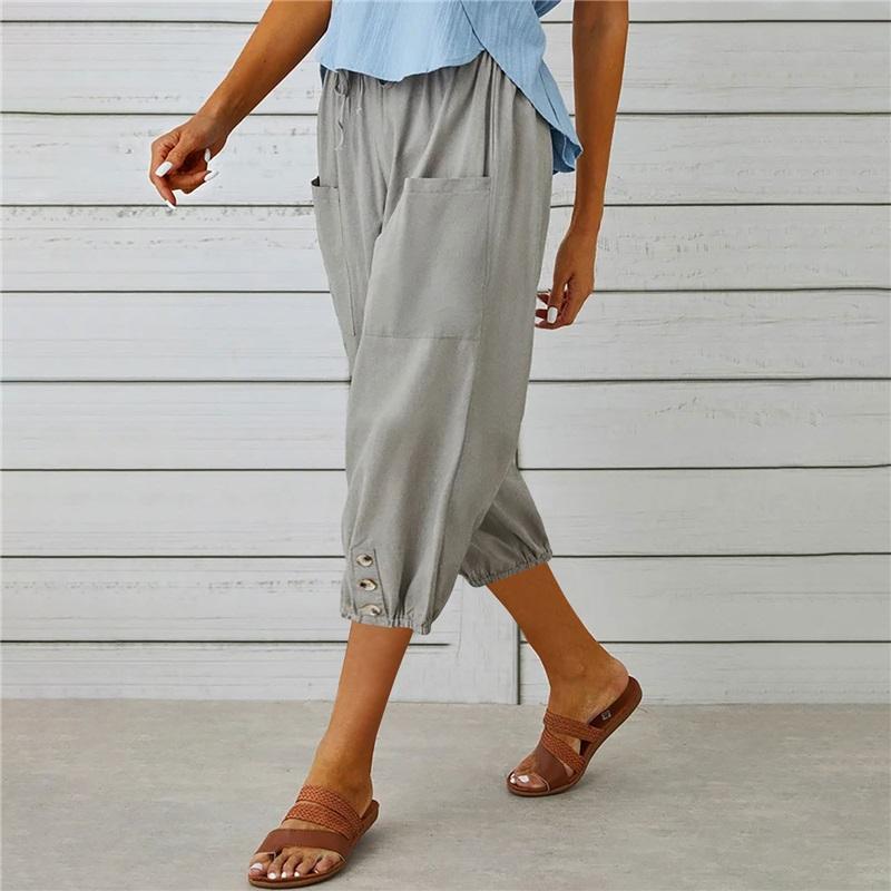 Summer Women's Trousers Casual Three-quarter Loose Drawstring High Waist Button Cotton And Linen Trousers