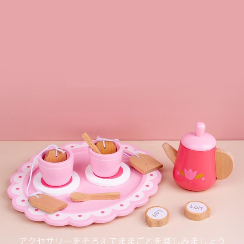 Pink Wooden Teapot Tea Cup Afternoon Tea Set Children Toy For Roleplaying