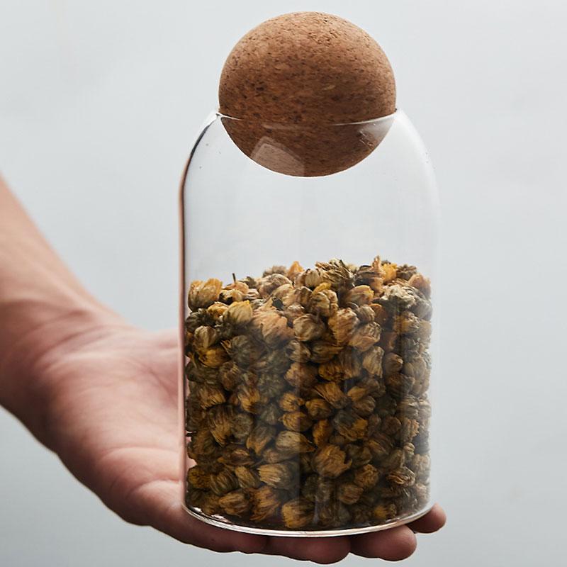 

Hand-Blown Lead-Free High Borosilicate Glass Round Flower Tea Storage Transparent Container Glass Jars with Cork Stopper Lids 300ml