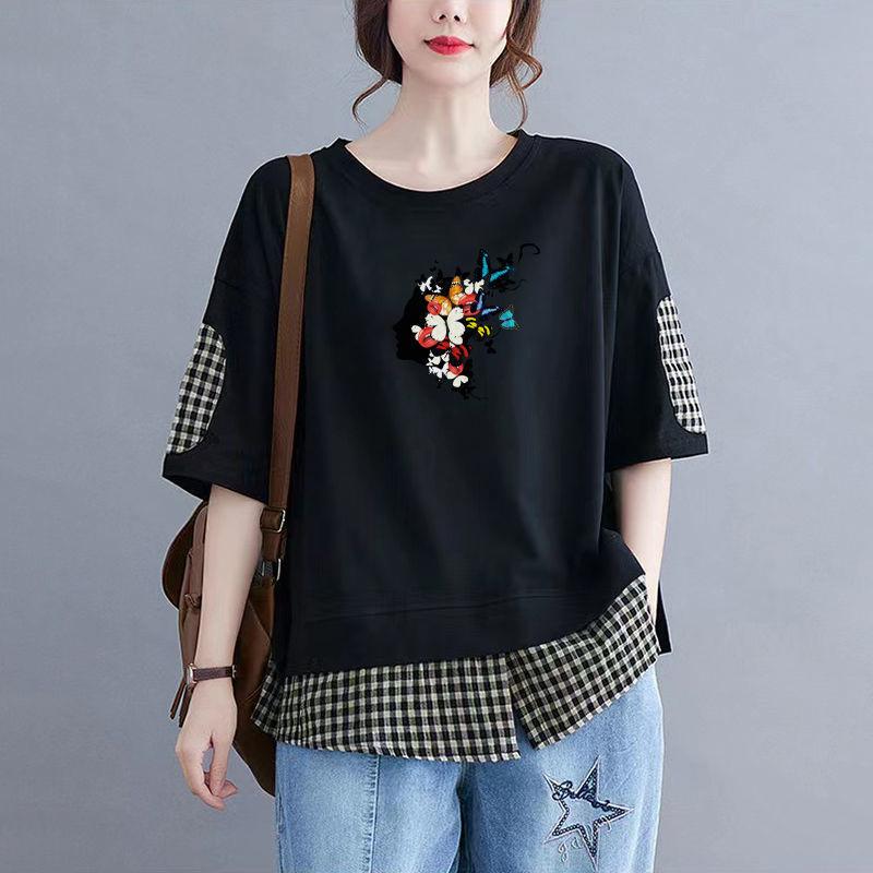 Tops Women Cotton Summer Large Size Fake Two Pieces T-shirt Polo Neck Loose Printed Casual Pullover T-shirt Top