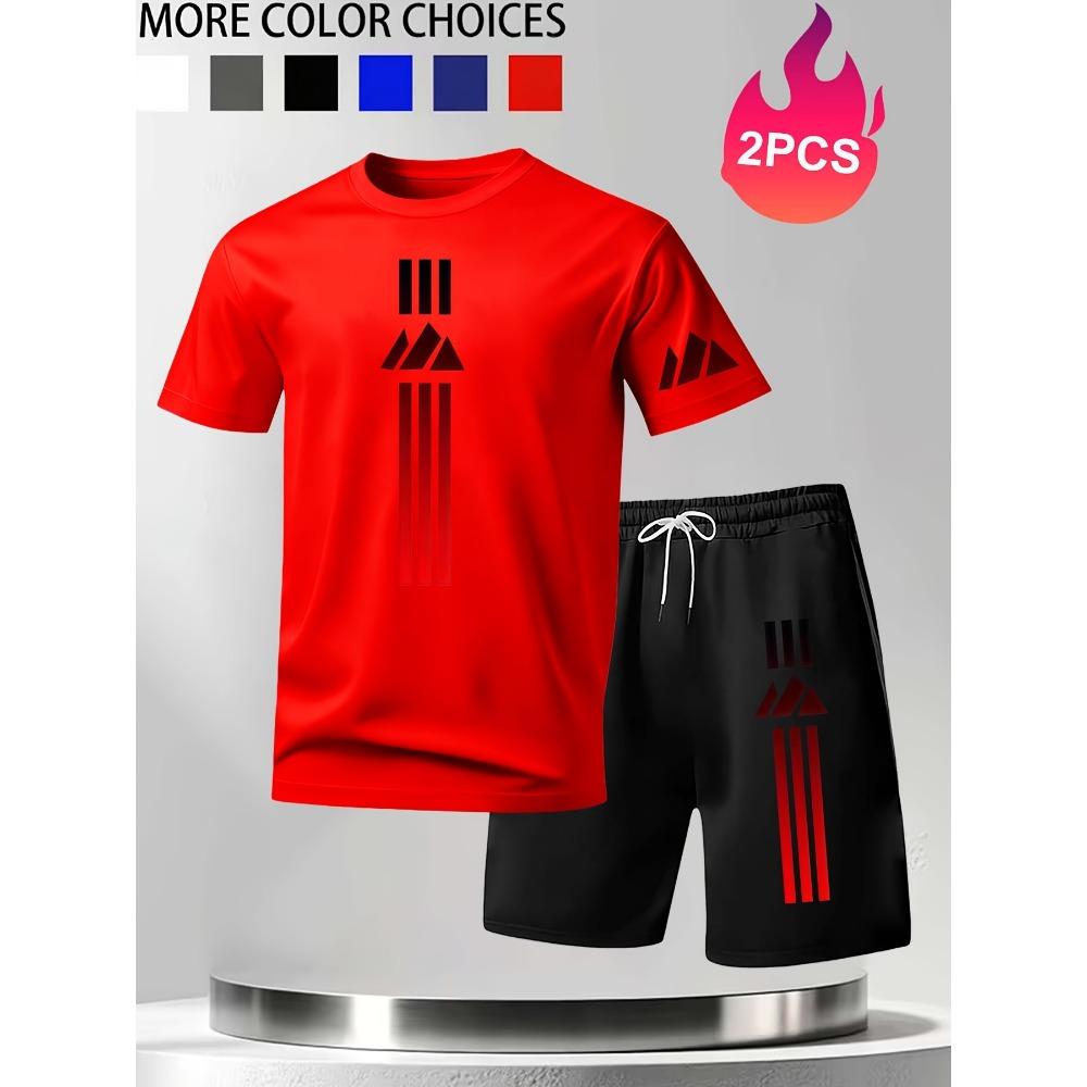 Men's Red Striped Triangle Print Breathable Set  Short Sleeve Shorts Set Summer Casual Sportswear