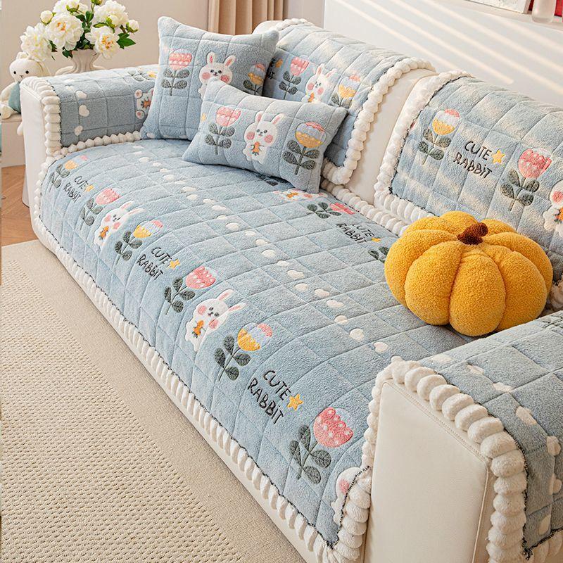 Plush Sofa Cushion Slipcover, Thickened Winter Sofa Cover, Non-Slip Furniture Protector for Couch, Loveseat, Chair