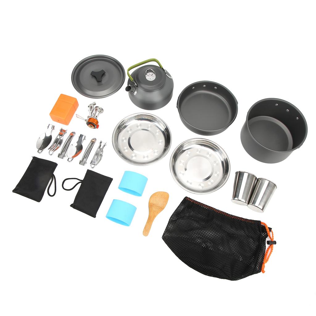 Kempingowy Zestaw Naczyń z Lekkim Garnkiem, Kuchenką, Sporkiem i Siatkową Torbą do Przenoszenia na Backpacking, Kemping na Świeżym Powietrzu, Wędrówki