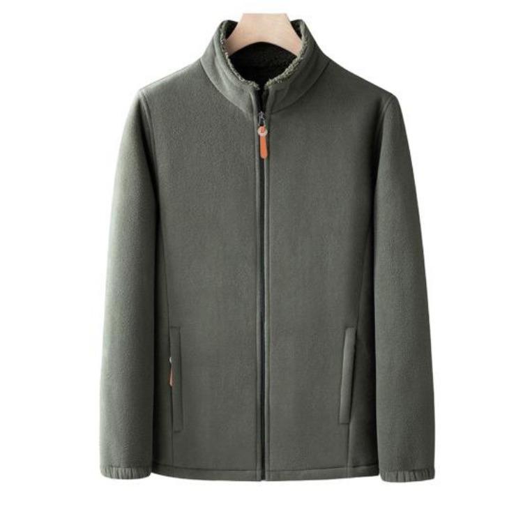 Solid Color Men Coat Stand Collar Cardigan Jacket Polar Fleece Lining Long Sleeve Zipper Placket Daily Wear Outwear