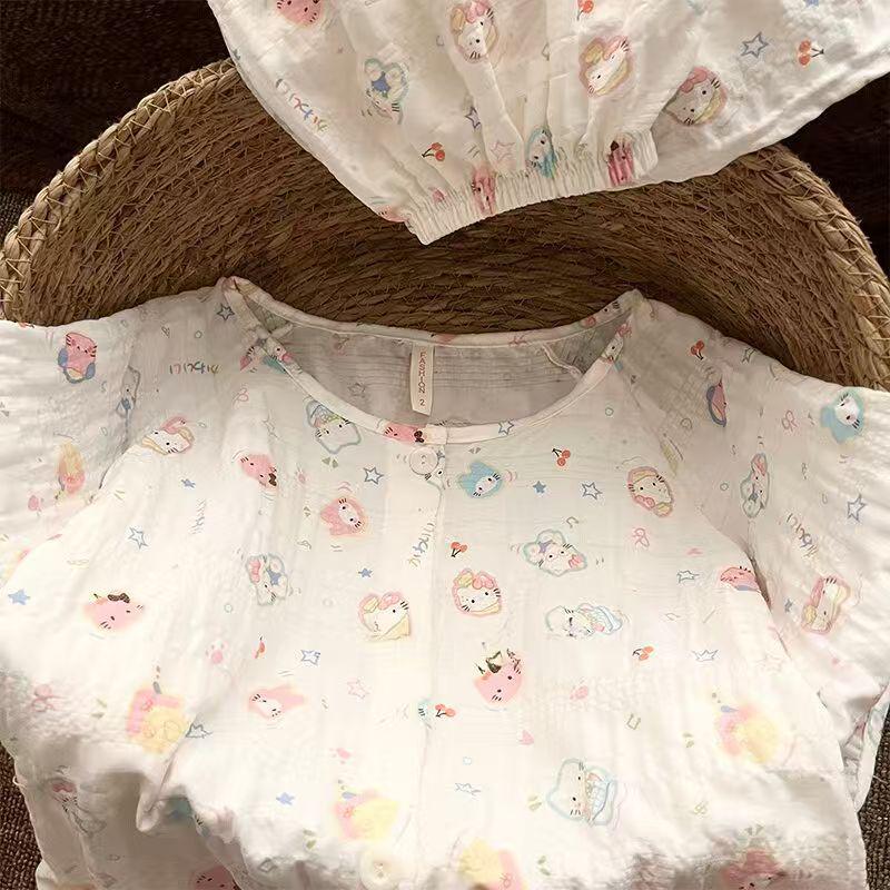 Summer Round Neck Short Sleeve Pajama Set for Women & Girls – Cute & Loose Fit