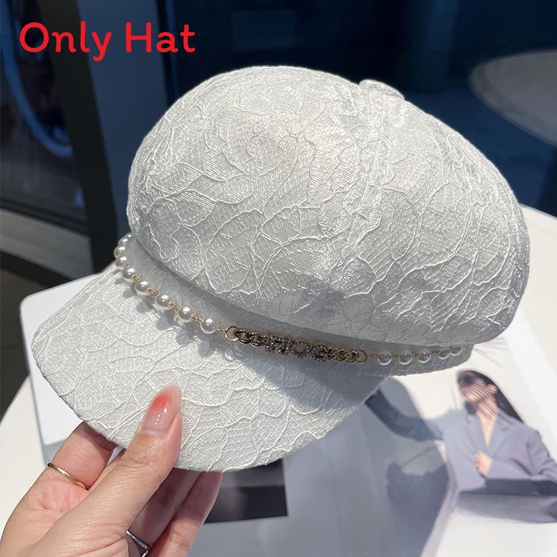 Pearl Chain Lace Octagonal Hat With Wide Brim For Sun Protection And Fashion
