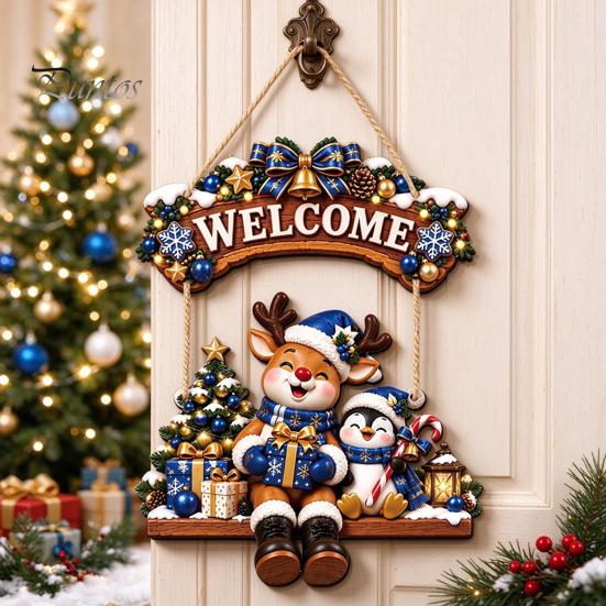 Cute Cartoon Christmas Ornament Wooden Welcome Sign, Front Door Hanging Rustic Holiday Vintage Style Sign Wall Decor with Elk/Santa Claus/Snowman/Elf