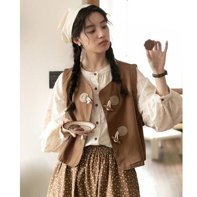 Spring Literary Horn Buckle Vest Female Small Retro Style Stacked Wearing Vest Cardigan