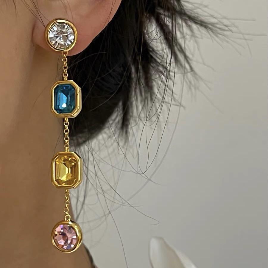 Silver Needle Square Gem Tassel Earrings – Fashionable Lightweight Luxury Earrings