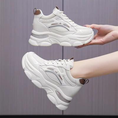 Automne nouvelles petites chaussures blanches polyvalentes rehausse intérieure maille respirante chaussures de sport femmes chaussures décontractées à semelles épaisses chaussures de papa femmes