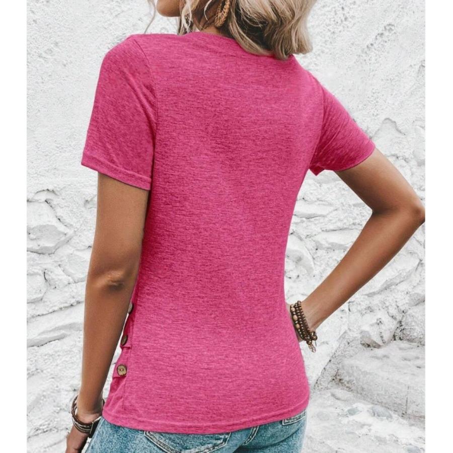 Spring and Summer High-end Slim Fit Solid Color Casual V-neck Short Sleeved Button Top Women's T-shirts