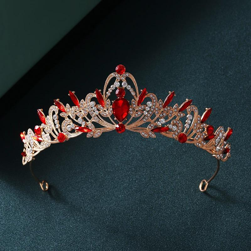 

Baroque Gold Color Red Crystal Tiaras And Crowns Rhinestone Bridal Diadem Crown Tiara For Women Wedding Hair Accessories Jewelry