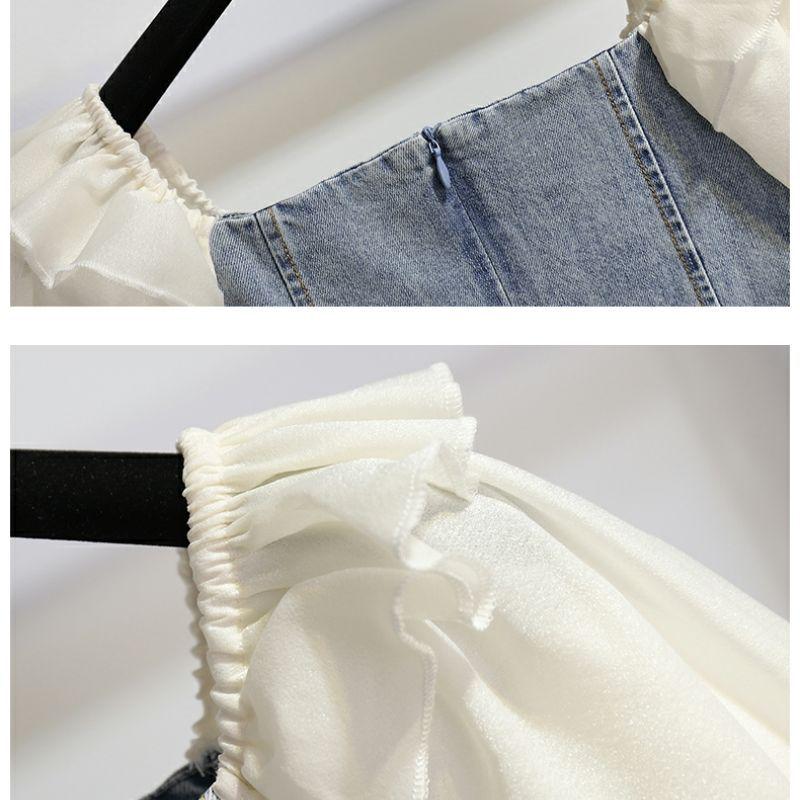 Damen One-Shoulder Puffärmel Denim Patchwork A-Linien Kleid - Sommer 2026 Taillenbetonend Schlanker Stil