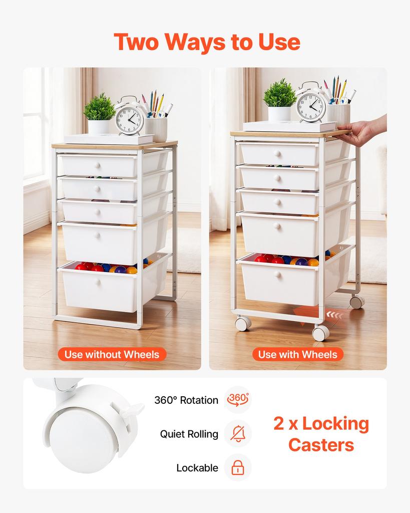 VEVOR Rolling Cart with Drawers, 5 Drawer Storage Organizer, Mobile Utility Cart with Wood Top, Steel Frame, Universal Casters & 2 Brakes