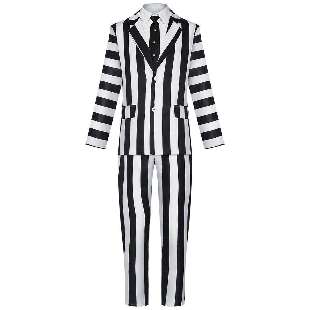 [qiqicos] Beetlejuice Striped Suit Cosplay Costume for Men, Women, Kids, Cosplay Clothes, Anime Costume, Event, Party, Disguise, Halloween, School