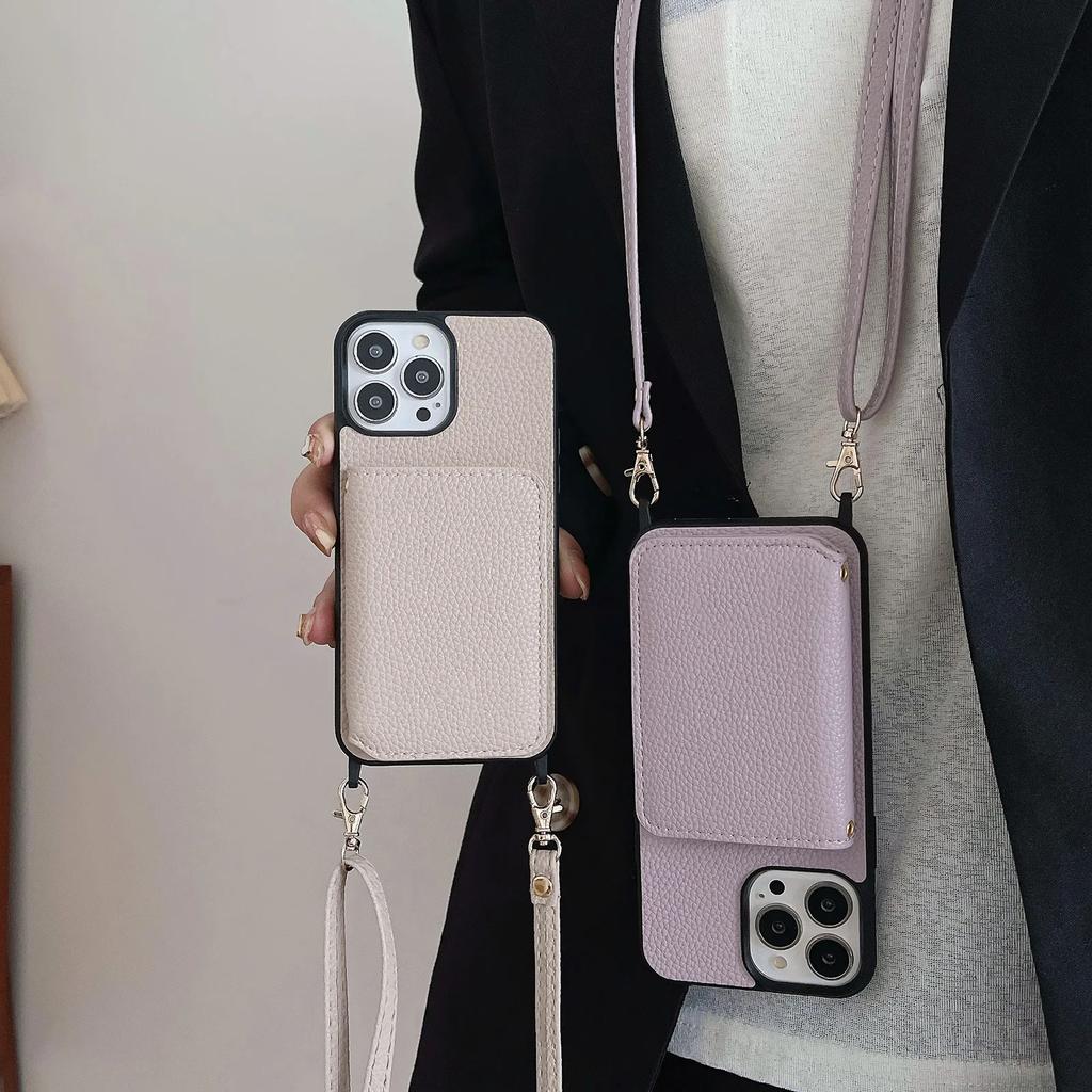 Crossbody Leather Wallet Cards Solt Case For iPhone 16 Pro Max 15 Plus 14 13 12 11 Long Lanyard Bag Pocket Lichee Pattern Cover