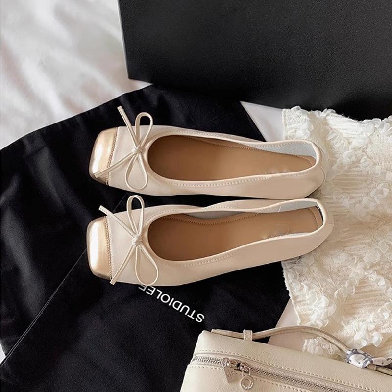 Grape Mother Daughter Returns Ballet Style Splicing Small Square Head Shallow Mouth One Pedal Flat Bottom Bow Flat Bottom Single Shoes Women