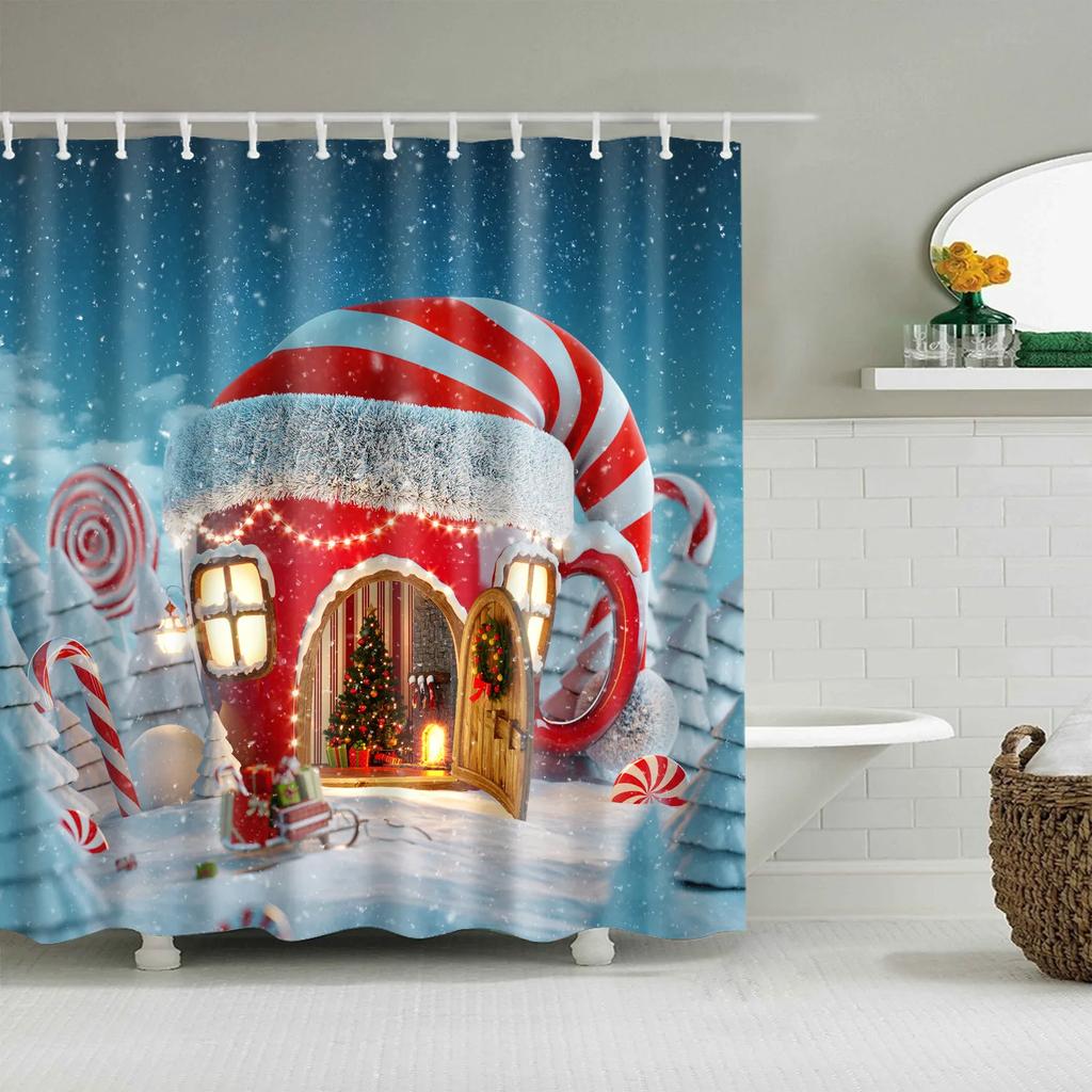Christmas Bath Curtains Home Decor Winter Snowflake Snowman Santa Claus Waterproof Shower Curtain Bathroom Curtains