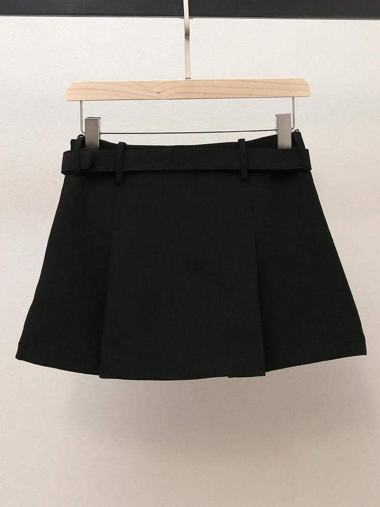 Autumn French Spicy Style A-Line Pleated Midi Skirt with Slimming Waist Belt