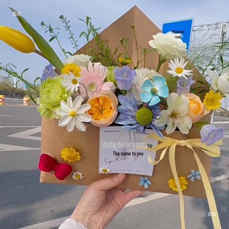 Spring Letter Flower Box: Handmade Silk Bouquet In Kraft Paper Packaging for Valentine's Day & Qixi