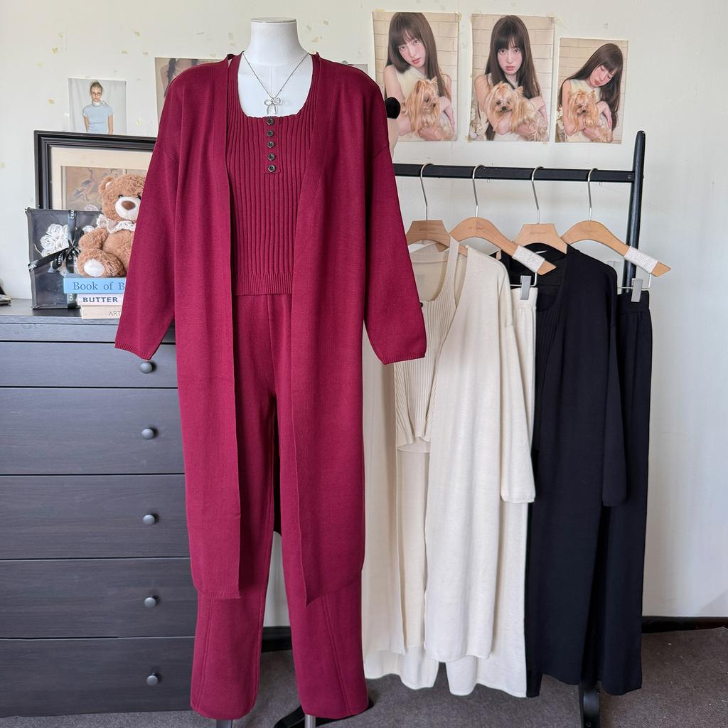 Autumn and Winter New Slim-fit and Thin Knitted Cardigan Sling Vest Wide-leg Pants Knitted Three-piece Set