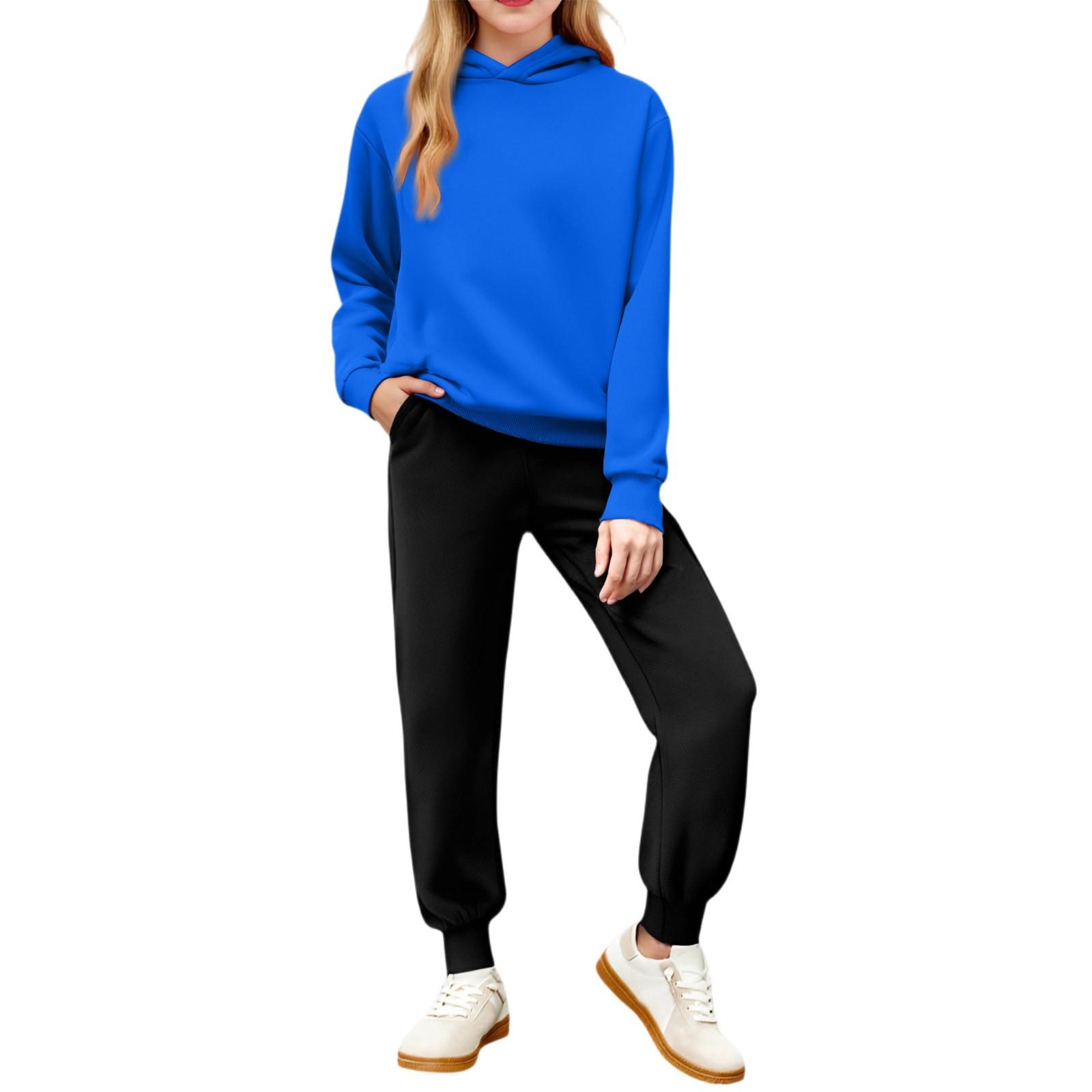

Winter Boy And Girls Solid Color Long Sleeved Hooded Sweatshirt Two Piece Set Of Top And Pants 130 синий