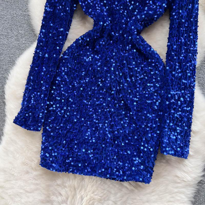 Winter Chic Sequin New One Piece Dress V-neck Long Sleeve Sexy Club Dresses Female Korean Fashion Vintage Evening Party Dress 2024