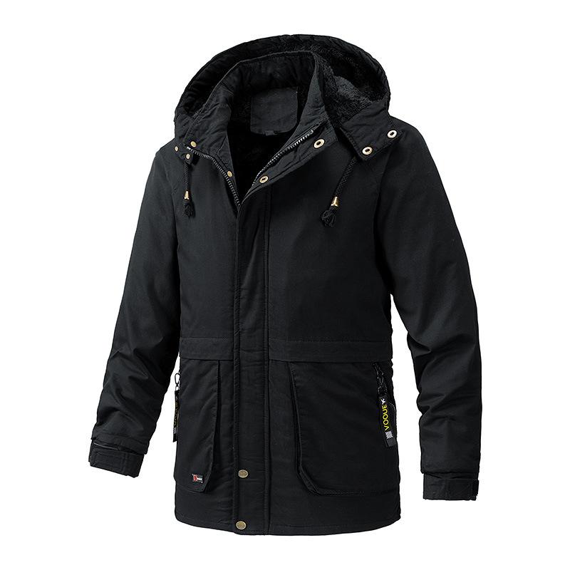 Winter Hooded Jacket for Men, Thick and Warm with Fleece Jacket, Men's Autumn and Winter Men's Mid To Long Washed Cotton Jacket