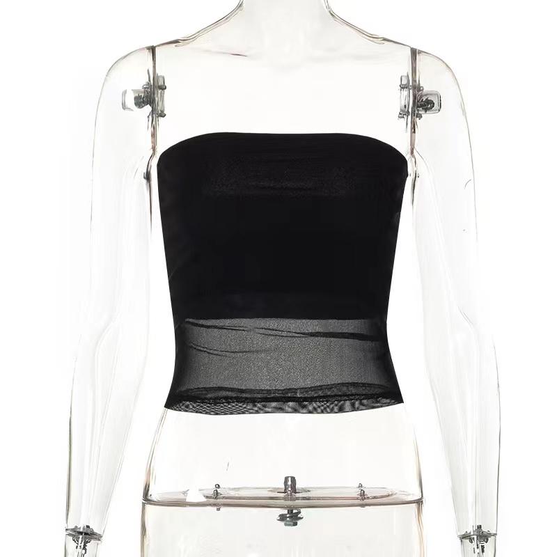 Mesh Corset Black Crop Top Women Patchwork Tube Top Sexy Sleeveless Off Shoulder Cami Summer Streetwear Slim Strapless Tank Tops