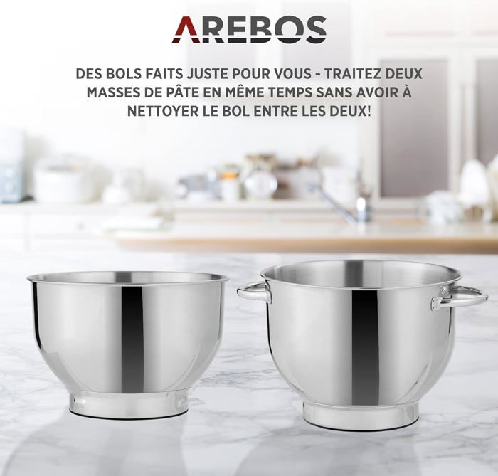 AREBOS Robot Pâtissier Professionnel 1500W | Avec 2 Bols d'Acier Inoxydable | 6 Vitesses | Fonction Pulse | Rouge |