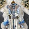 Spring Autumn Women Vintage Print Runway Dresses Stand Full Sleeve Single Breasted Long Maxi Holiday Party Dress With Belt