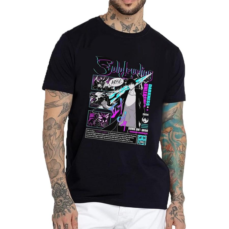 Men s Cool Solo Anime Leveling Adult Female Crewneck Retro Graphic Tee Shirts S