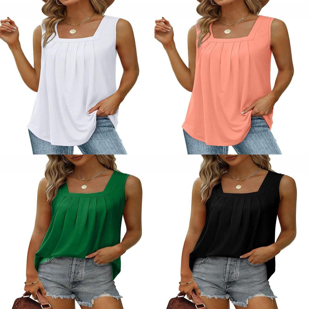 Sleeveless Square Neck Tank Top For Women With Wrinkled Design For Casual Wear