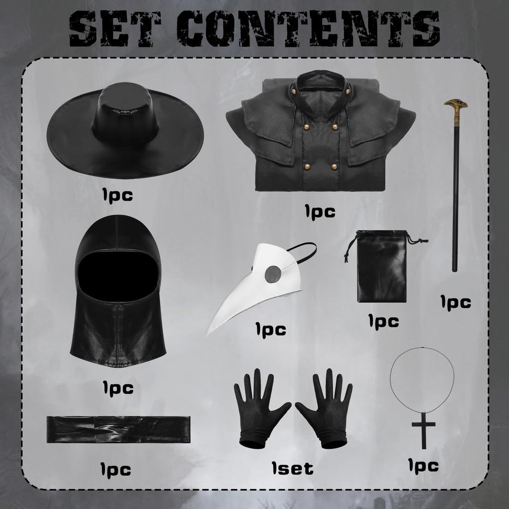 Joyasslly Halloween Cosplay Cape with Plague Crow Medieval Doctor Robe and Hat for School Cultural and Events Mask, Men's Costume, Set, Parties,