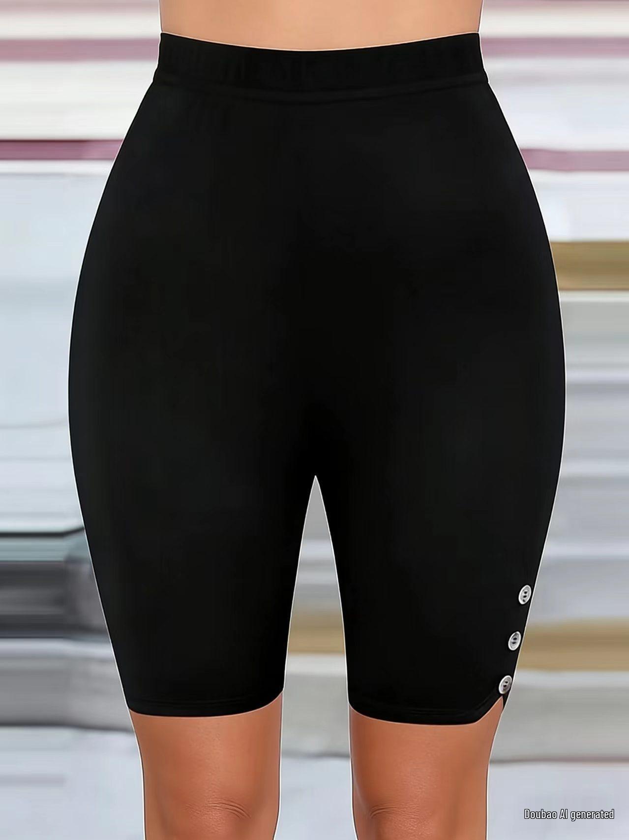 2026 Women s Black Stretchy Three-Quarter Leggings - European & American Styles, Casual Button Detail Medium чёрный