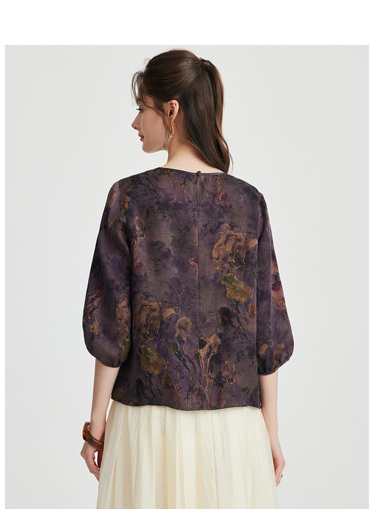 100% Mulberry Silk] Spring/Summer Round Neck Retro Printed Chinese Style Pan Buckle Loose Western Style Silk Shirt for Women