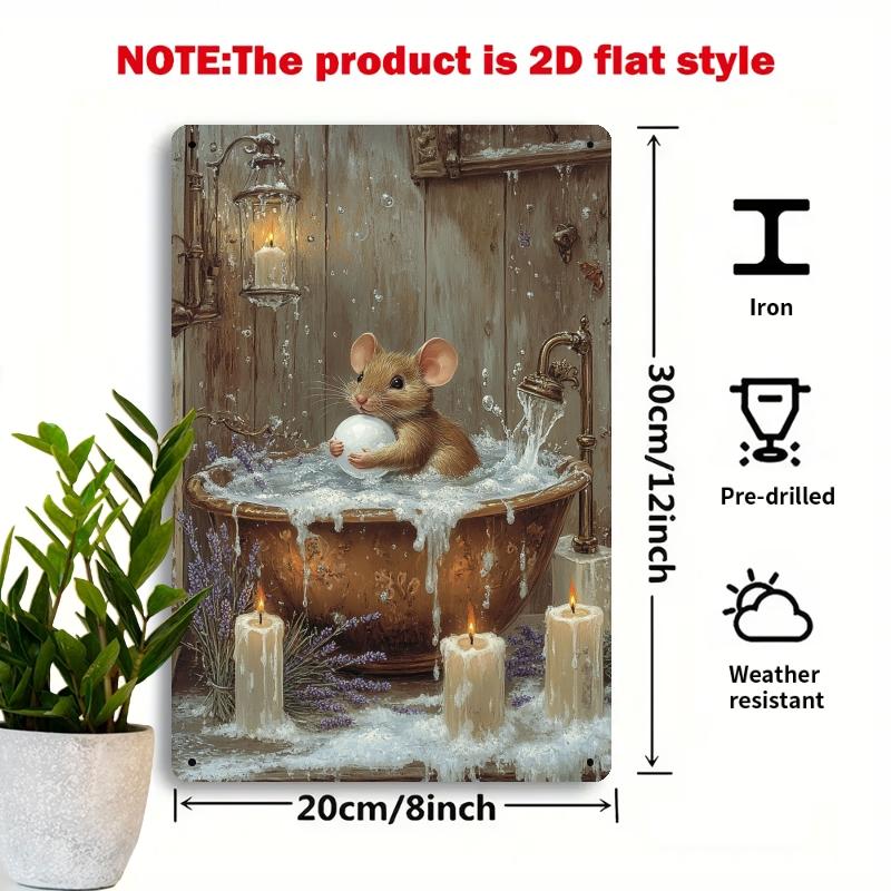 

Vintage Bathing Mouse Metal Sign x Inch Retro Decorative Plaque with Candle Bathtub Scene for Bedroom Bathroom 20x30cm（7.8x11.8inch）